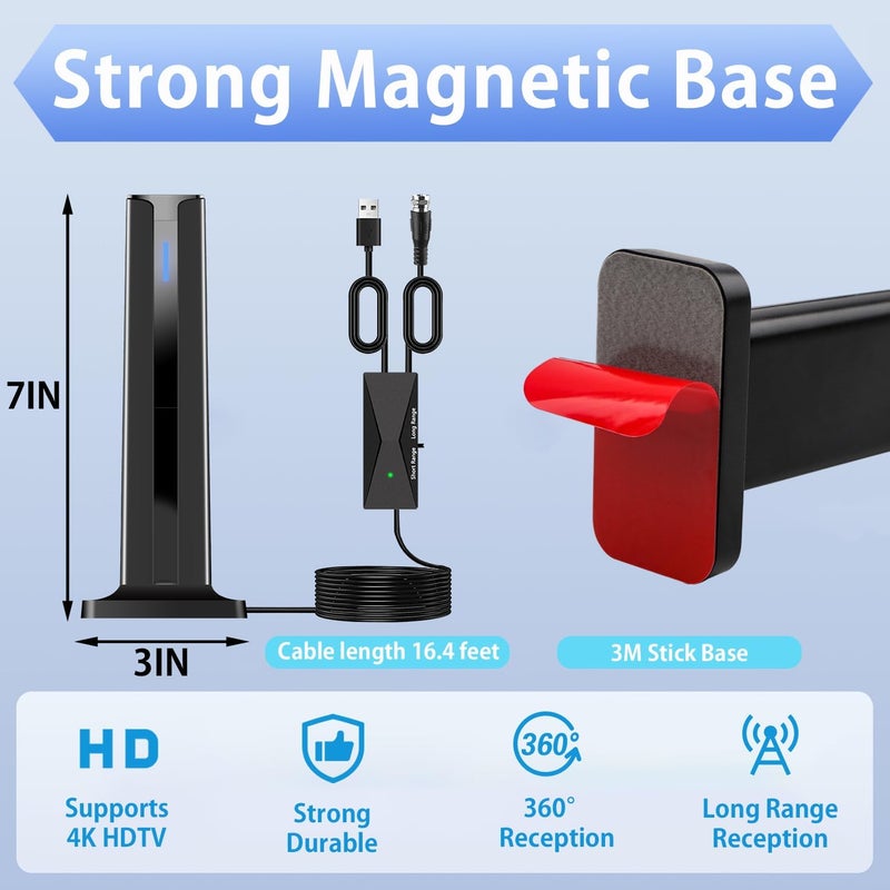 DTVSMARTSHOW Digital TV Antenna Indoor, 2025 HD Antenna for Smart TV with 3M Stick Base 360°&Long Range Reception for Local Channels, Easy Setup Antena Without Cable - Image 3